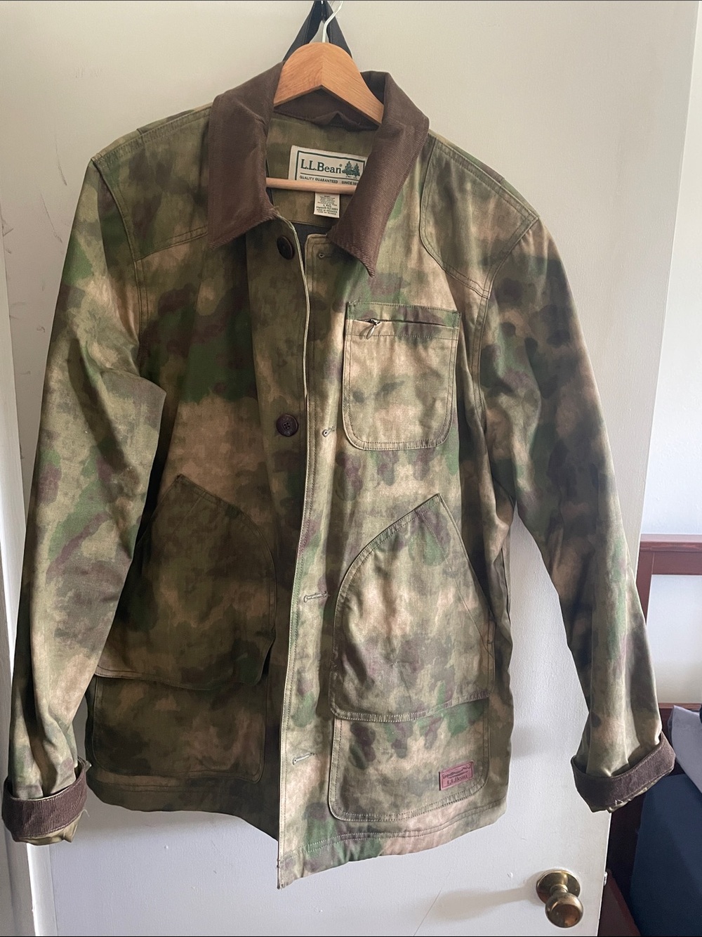 L.L. Bean Men’s Camouflage Waxed Cotton Field Coat with Brown Corduroy Collar